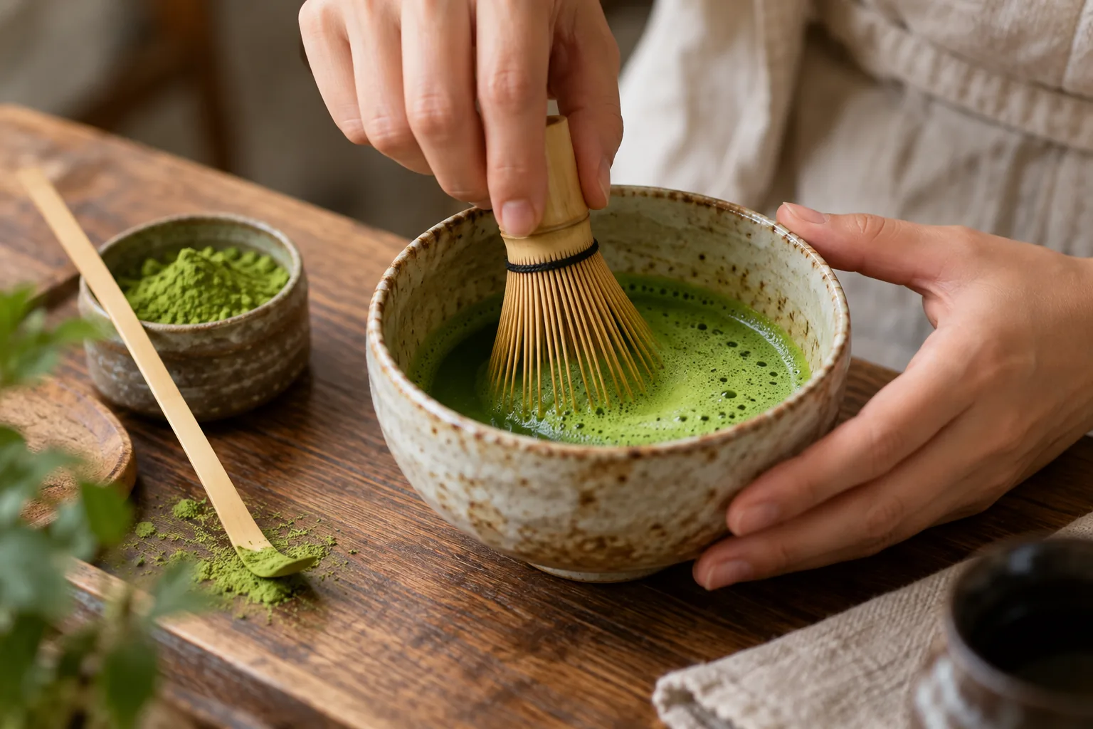 Testing Matcha Samples for Quality A person using a traditional bamboo whisk to prepare a matcha sample from a wholesale supplier in a ceramic bowl.