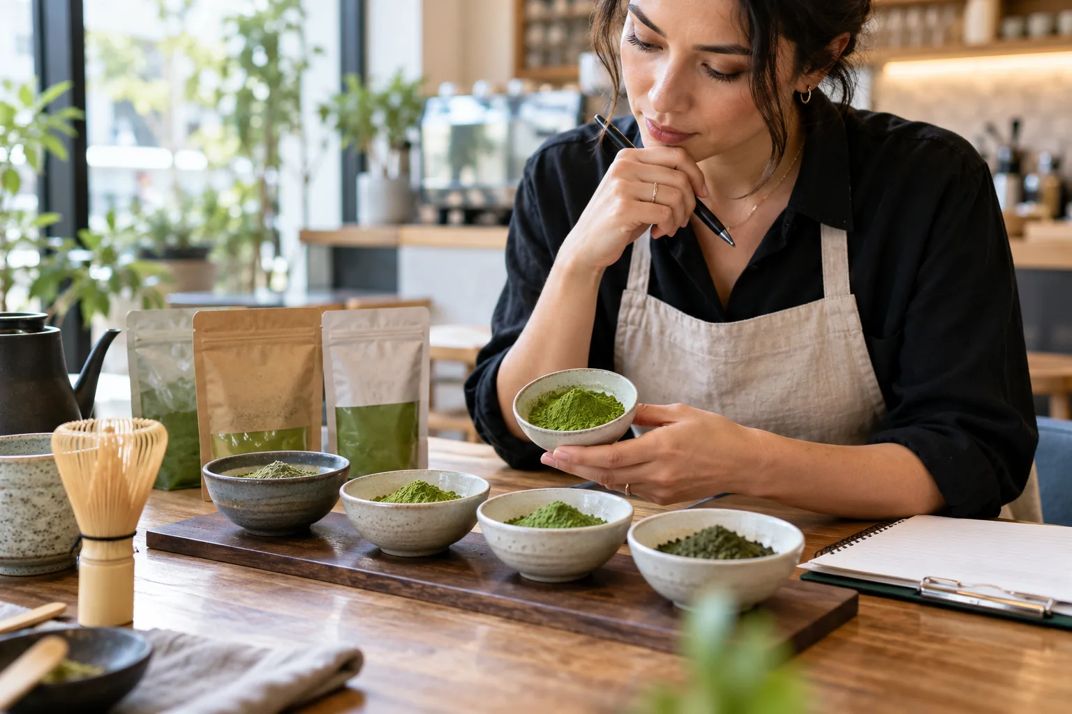 Choosing a Wholesale Matcha Supplier for Your Café A café owner evaluating different grades of matcha powder from a potential wholesale matcha supplier.